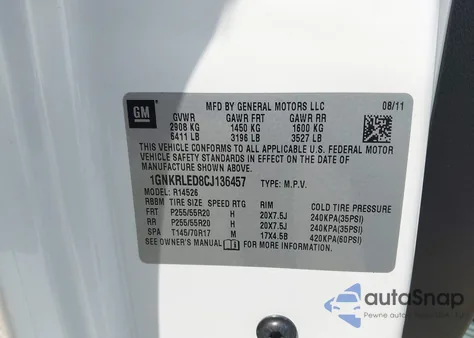 2012 Chevrolet Traverse Ltz from USA, damaged, VIN 1GNKRLED8CJ136457